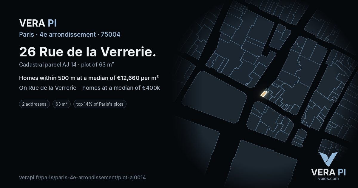 26 Rue de la Verrerie, 4e arrondissement at night – the plot lit, the parcels around coloured by the prices near them