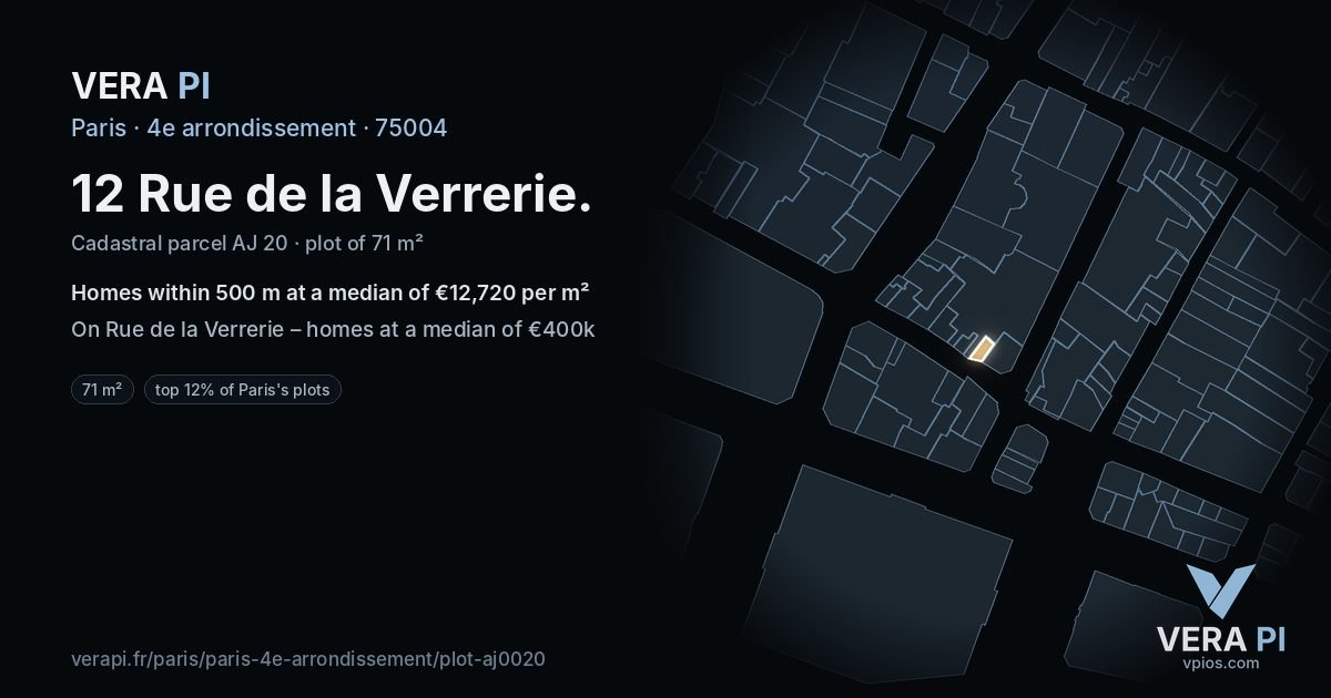 12 Rue de la Verrerie, 4e arrondissement at night – the plot lit, the parcels around coloured by the prices near them