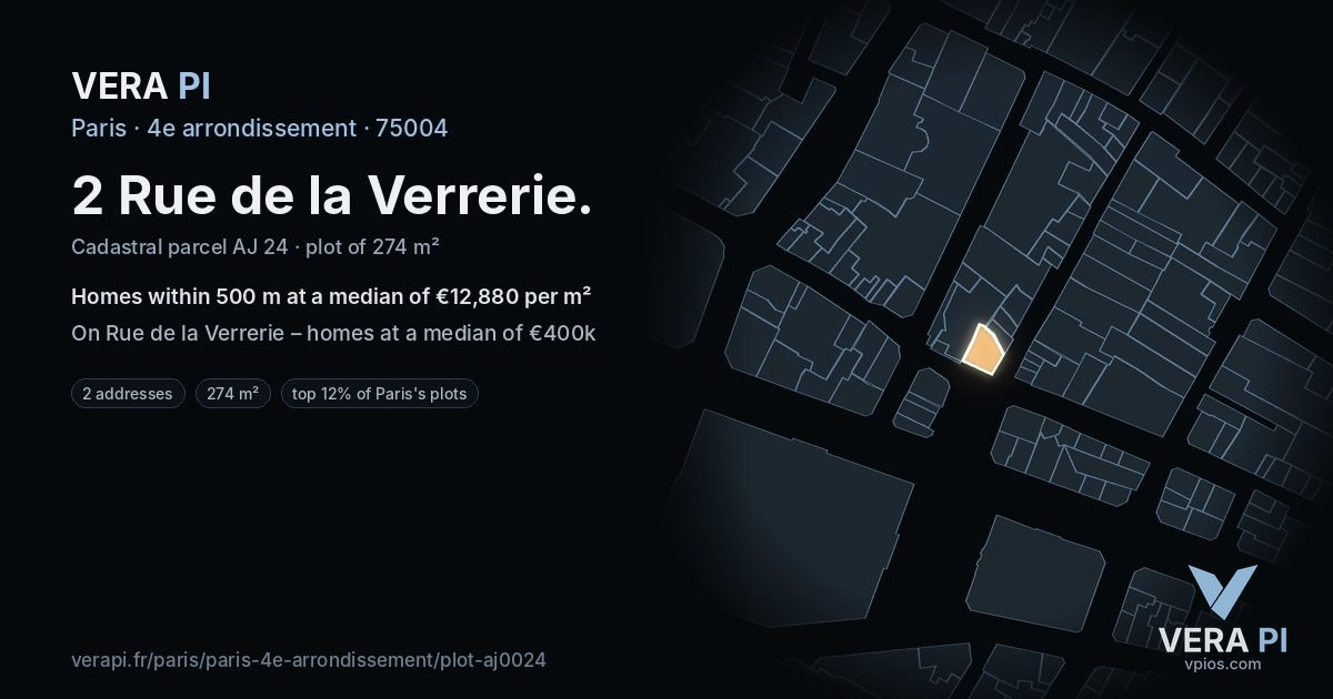 2 Rue de la Verrerie, 4e arrondissement at night – the plot lit, the parcels around coloured by the prices near them