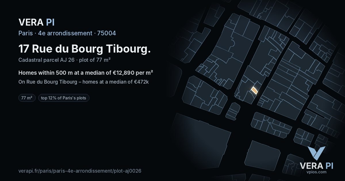 17 Rue du Bourg Tibourg, 4e arrondissement at night – the plot lit, the parcels around coloured by the prices near them