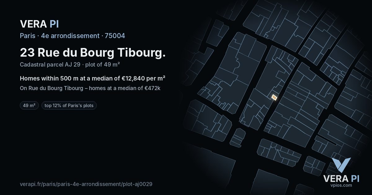 23 Rue du Bourg Tibourg, 4e arrondissement at night – the plot lit, the parcels around coloured by the prices near them
