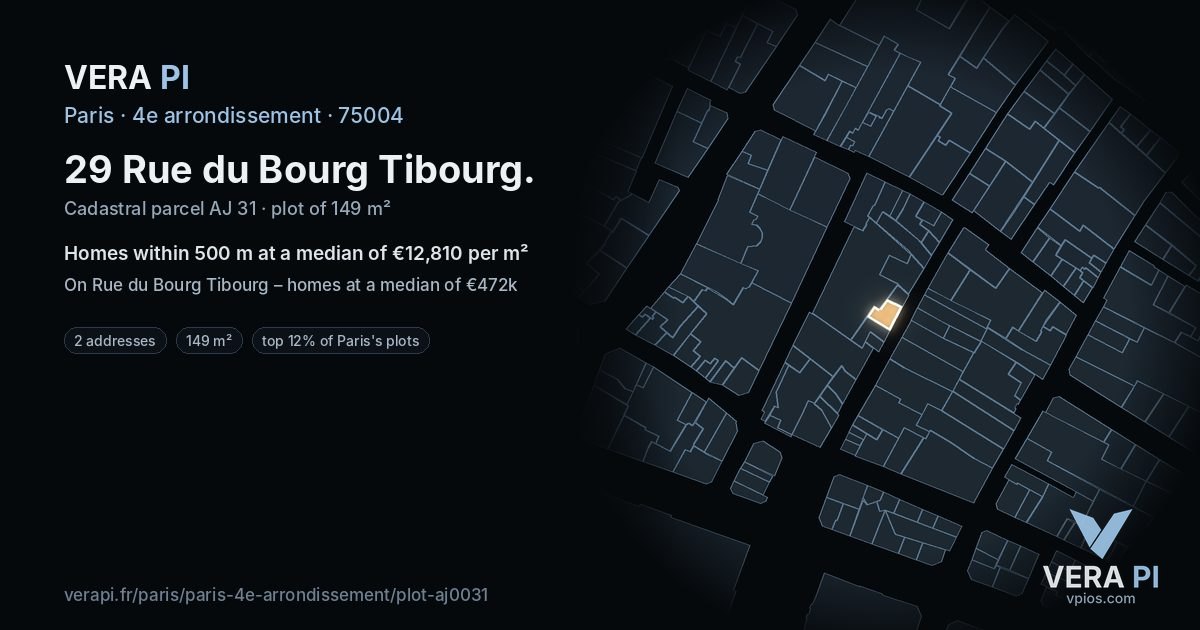 29 Rue du Bourg Tibourg, 4e arrondissement at night – the plot lit, the parcels around coloured by the prices near them
