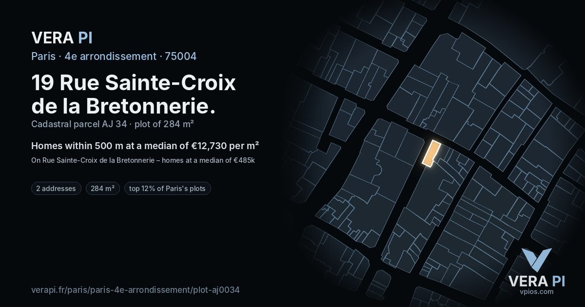 19 Rue Sainte-Croix de la Bretonnerie, 4e arrondissement at night – the plot lit, the parcels around coloured by the prices near them