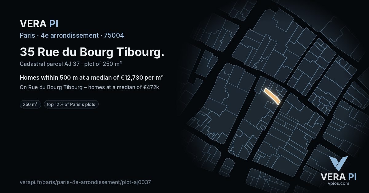 35 Rue du Bourg Tibourg, 4e arrondissement at night – the plot lit, the parcels around coloured by the prices near them