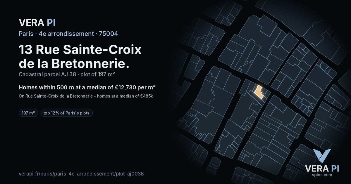 13 Rue Sainte-Croix de la Bretonnerie, 4e arrondissement at night – the plot lit, the parcels around coloured by the prices near them