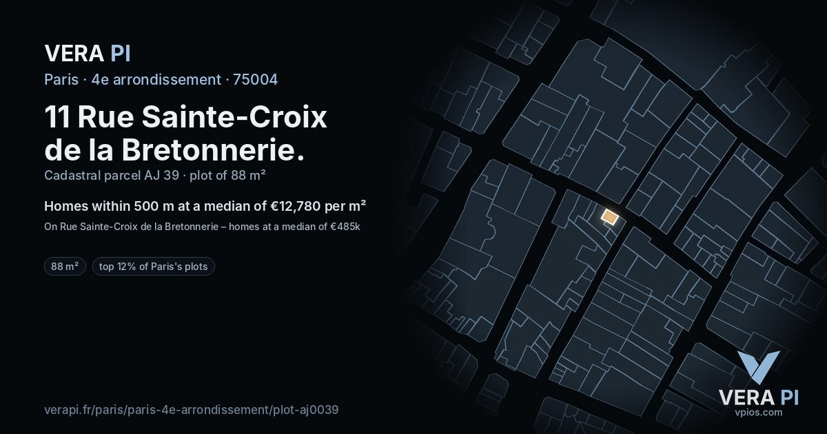11 Rue Sainte-Croix de la Bretonnerie, 4e arrondissement at night – the plot lit, the parcels around coloured by the prices near them