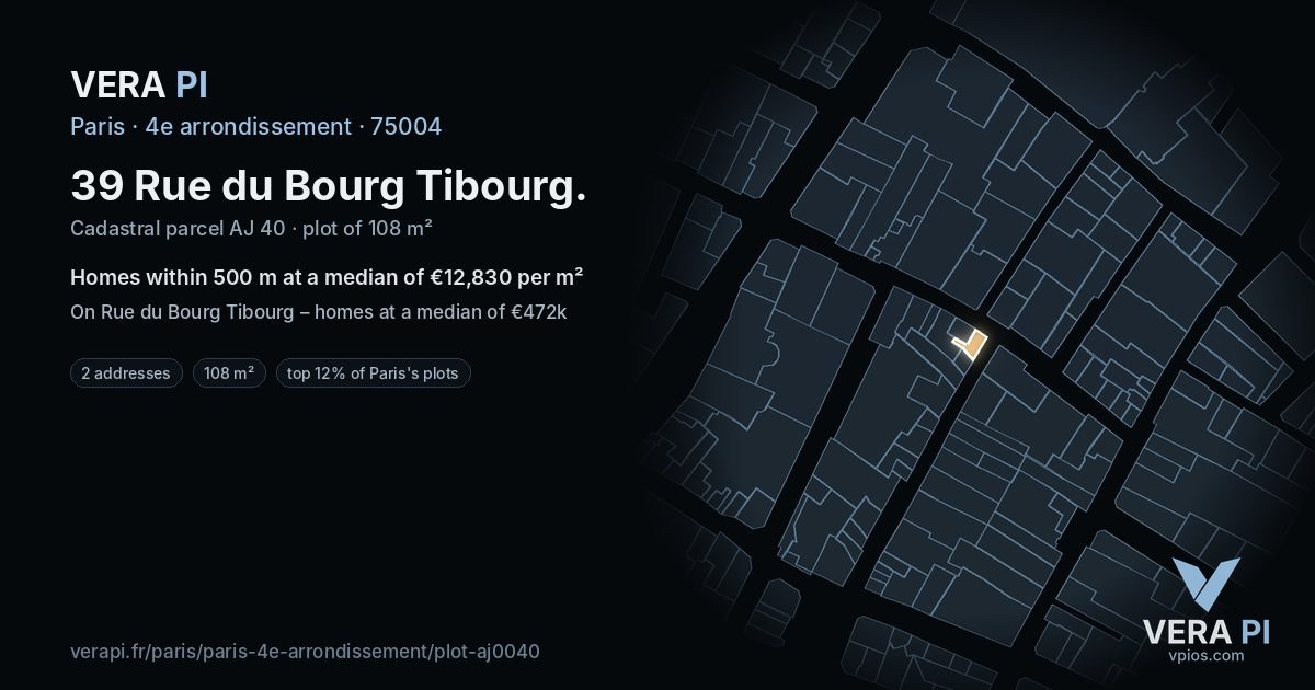 39 Rue du Bourg Tibourg, 4e arrondissement at night – the plot lit, the parcels around coloured by the prices near them