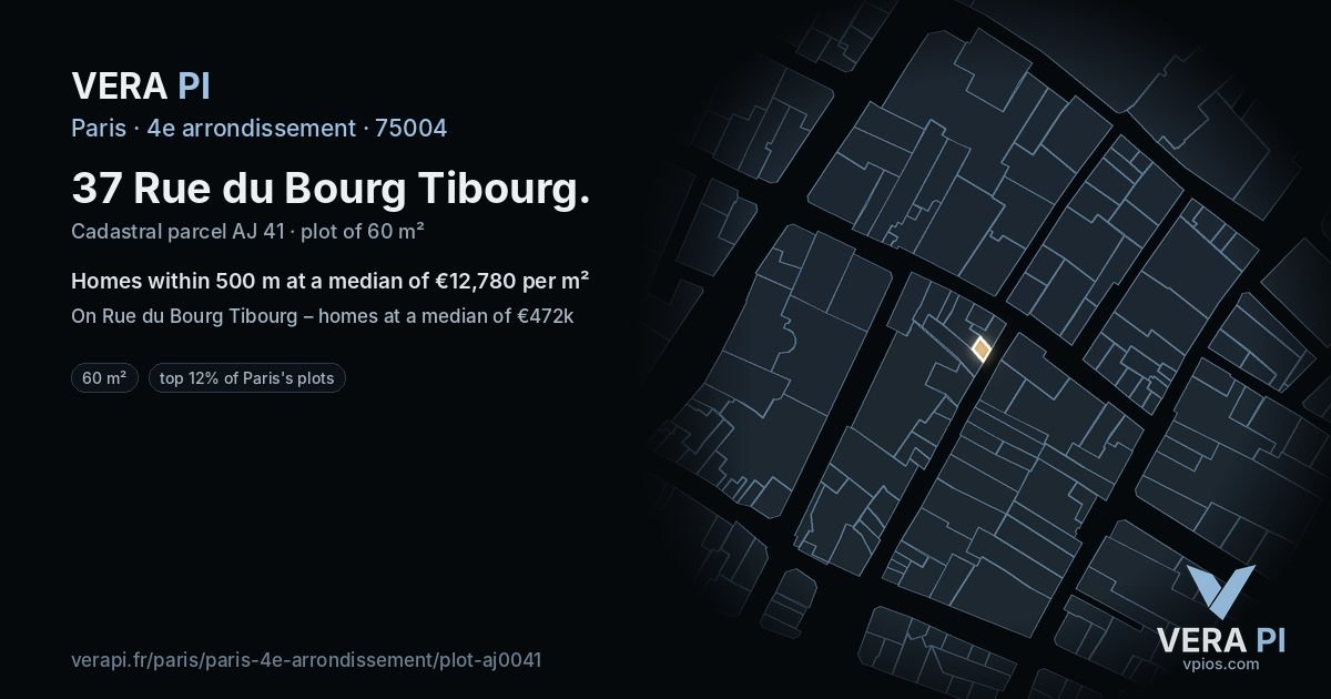 37 Rue du Bourg Tibourg, 4e arrondissement at night – the plot lit, the parcels around coloured by the prices near them