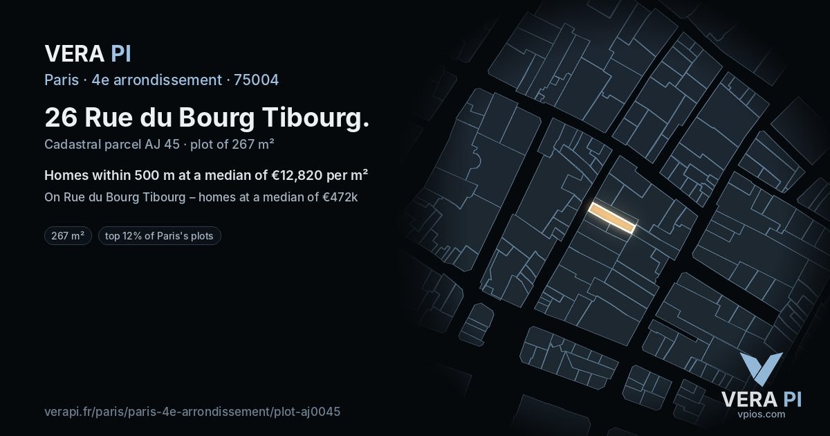 26 Rue du Bourg Tibourg, 4e arrondissement at night – the plot lit, the parcels around coloured by the prices near them