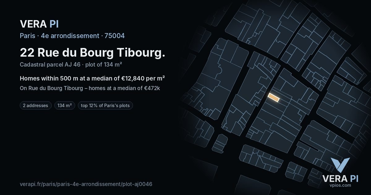 22 Rue du Bourg Tibourg, 4e arrondissement at night – the plot lit, the parcels around coloured by the prices near them