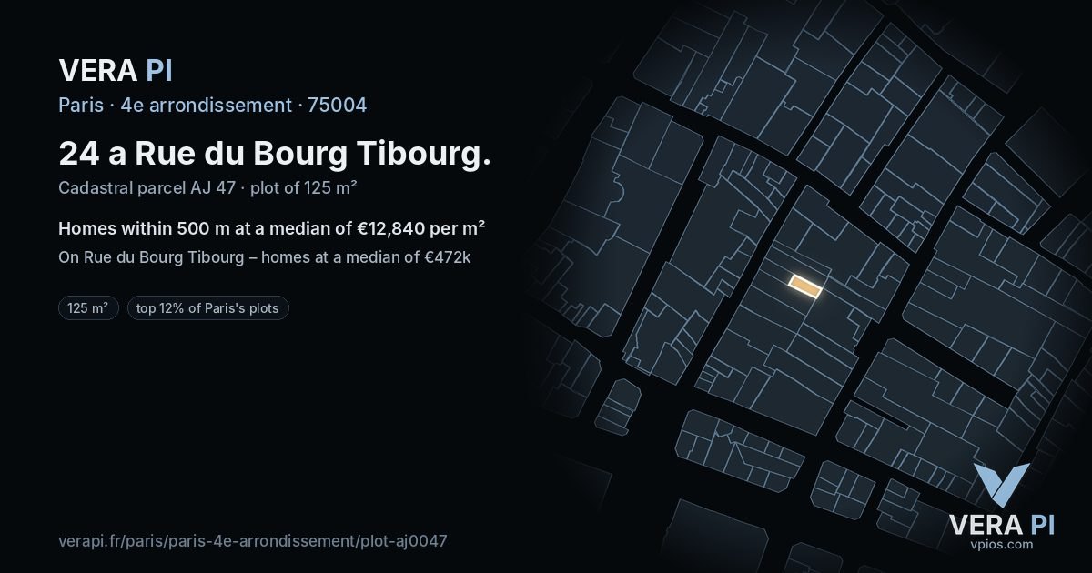 24 a Rue du Bourg Tibourg, 4e arrondissement at night – the plot lit, the parcels around coloured by the prices near them
