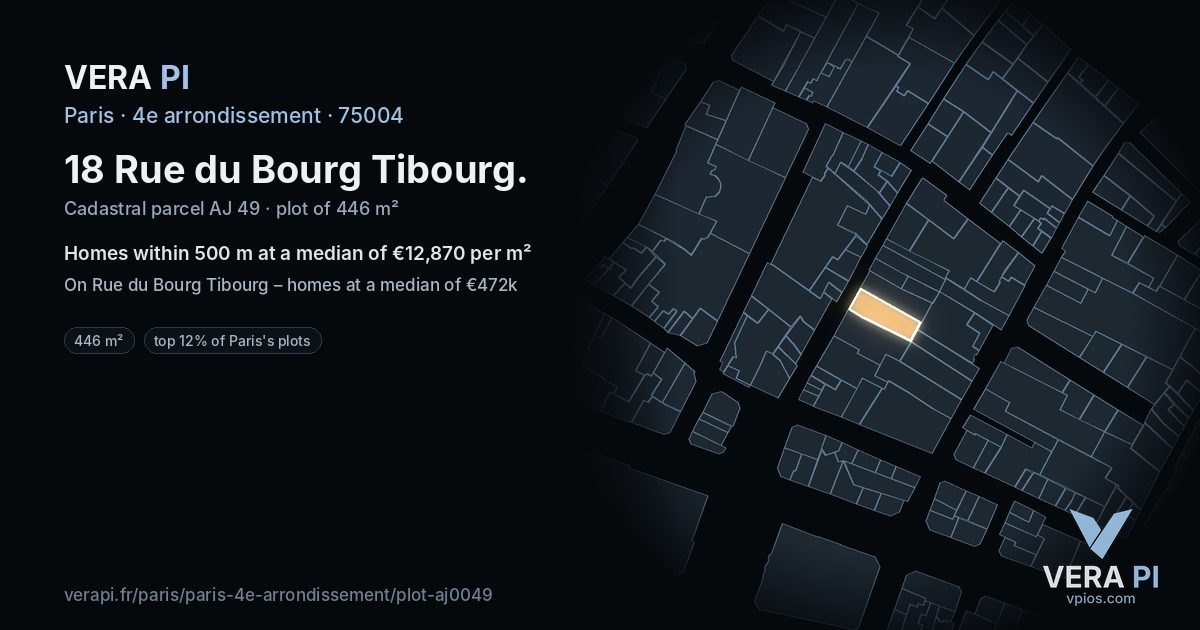 18 Rue du Bourg Tibourg, 4e arrondissement at night – the plot lit, the parcels around coloured by the prices near them