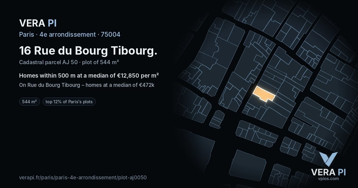 16 Rue du Bourg Tibourg, 4e arrondissement at night – the plot lit, the parcels around coloured by the prices near them