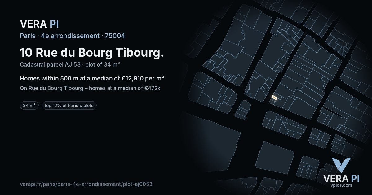 10 Rue du Bourg Tibourg, 4e arrondissement at night – the plot lit, the parcels around coloured by the prices near them
