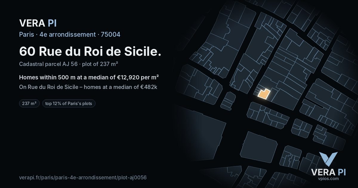 60 Rue du Roi de Sicile, 4e arrondissement at night – the plot lit, the parcels around coloured by the prices near them