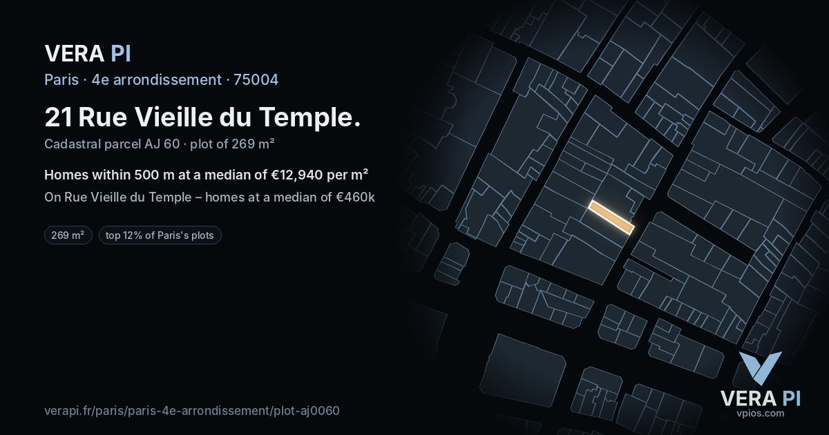 21 Rue Vieille du Temple, 4e arrondissement at night – the plot lit, the parcels around coloured by the prices near them