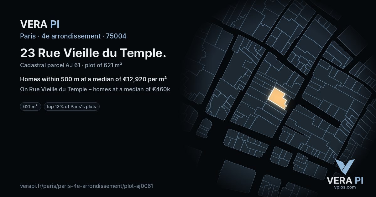 23 Rue Vieille du Temple, 4e arrondissement at night – the plot lit, the parcels around coloured by the prices near them