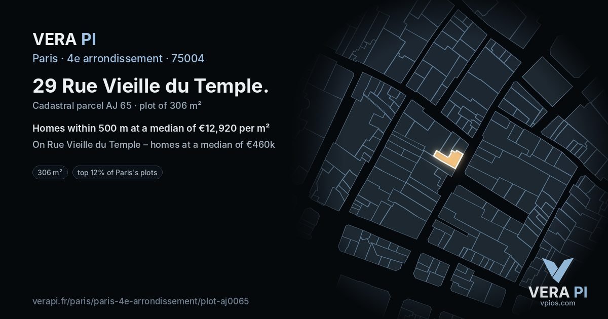 29 Rue Vieille du Temple, 4e arrondissement at night – the plot lit, the parcels around coloured by the prices near them