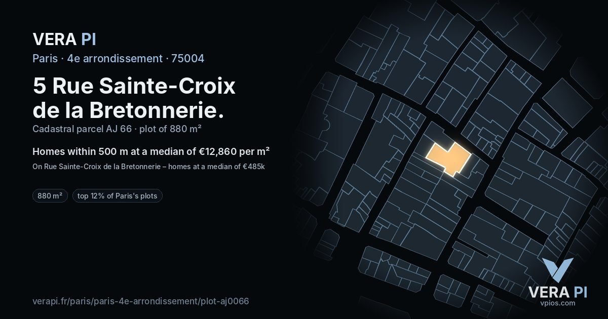5 Rue Sainte-Croix de la Bretonnerie, 4e arrondissement at night – the plot lit, the parcels around coloured by the prices near them