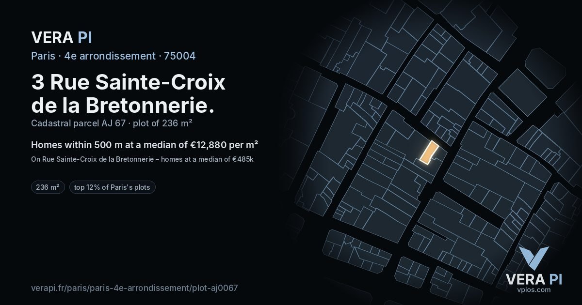 3 Rue Sainte-Croix de la Bretonnerie, 4e arrondissement at night – the plot lit, the parcels around coloured by the prices near them