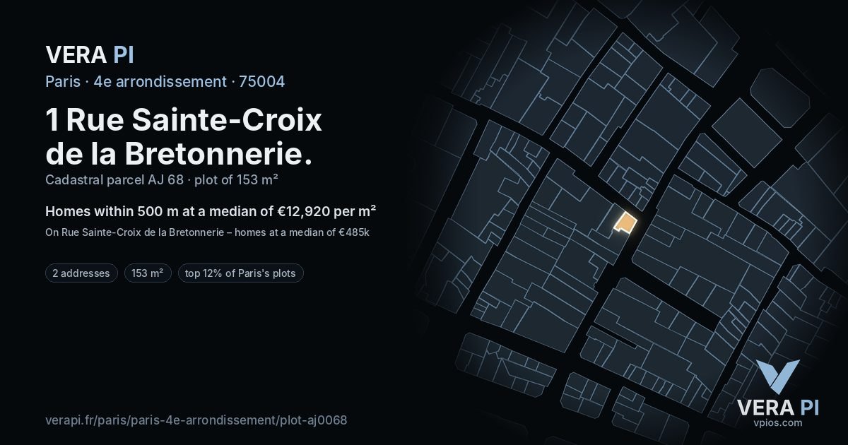 1 Rue Sainte-Croix de la Bretonnerie, 4e arrondissement at night – the plot lit, the parcels around coloured by the prices near them