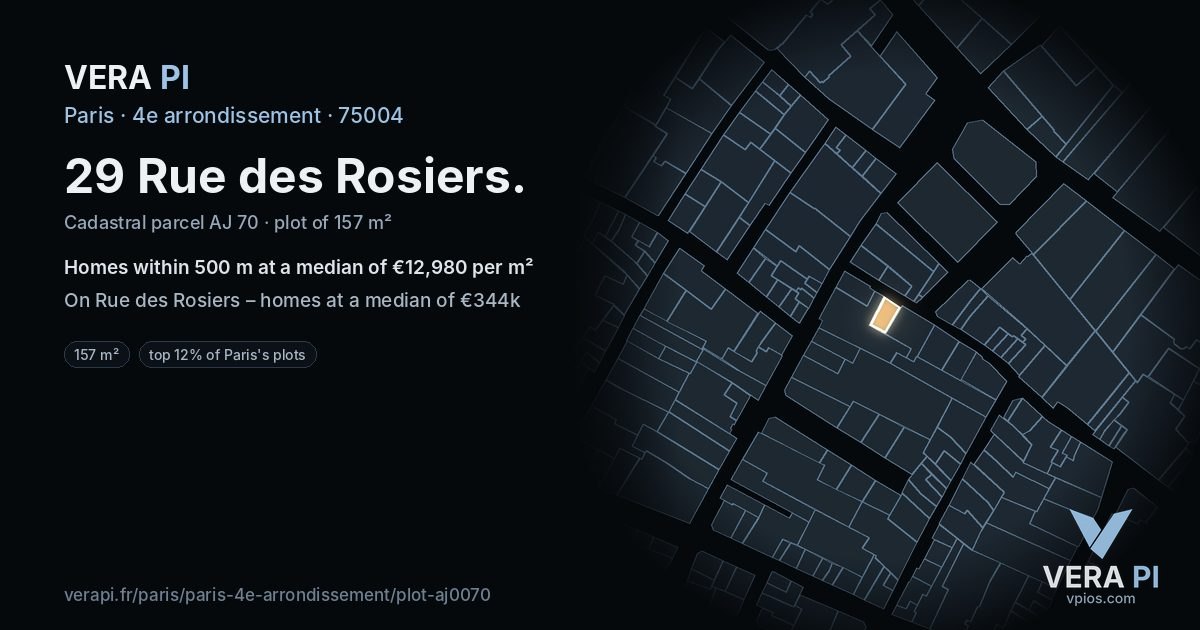 29 Rue des Rosiers, 4e arrondissement at night – the plot lit, the parcels around coloured by the prices near them