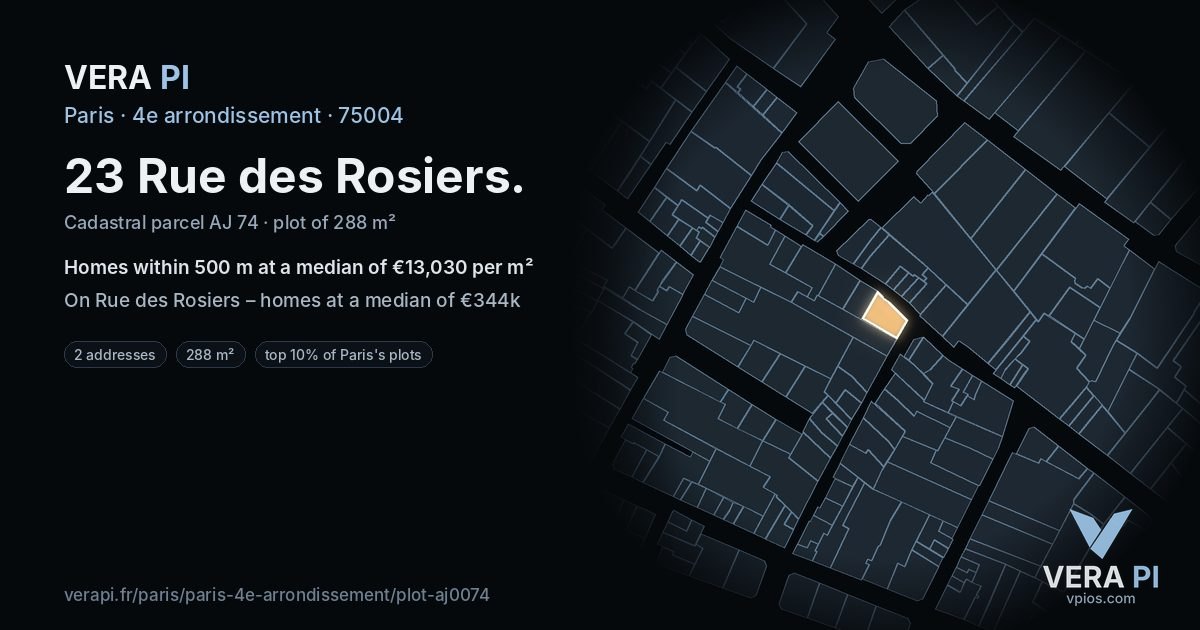 23 Rue des Rosiers, 4e arrondissement at night – the plot lit, the parcels around coloured by the prices near them