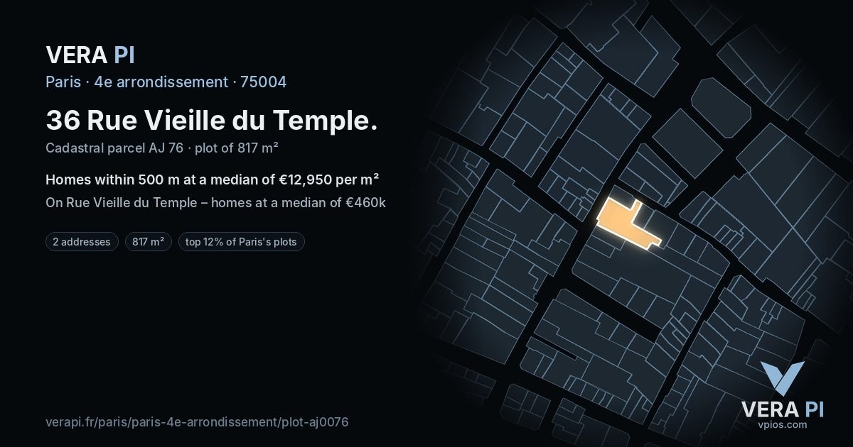 36 Rue Vieille du Temple, 4e arrondissement at night – the plot lit, the parcels around coloured by the prices near them