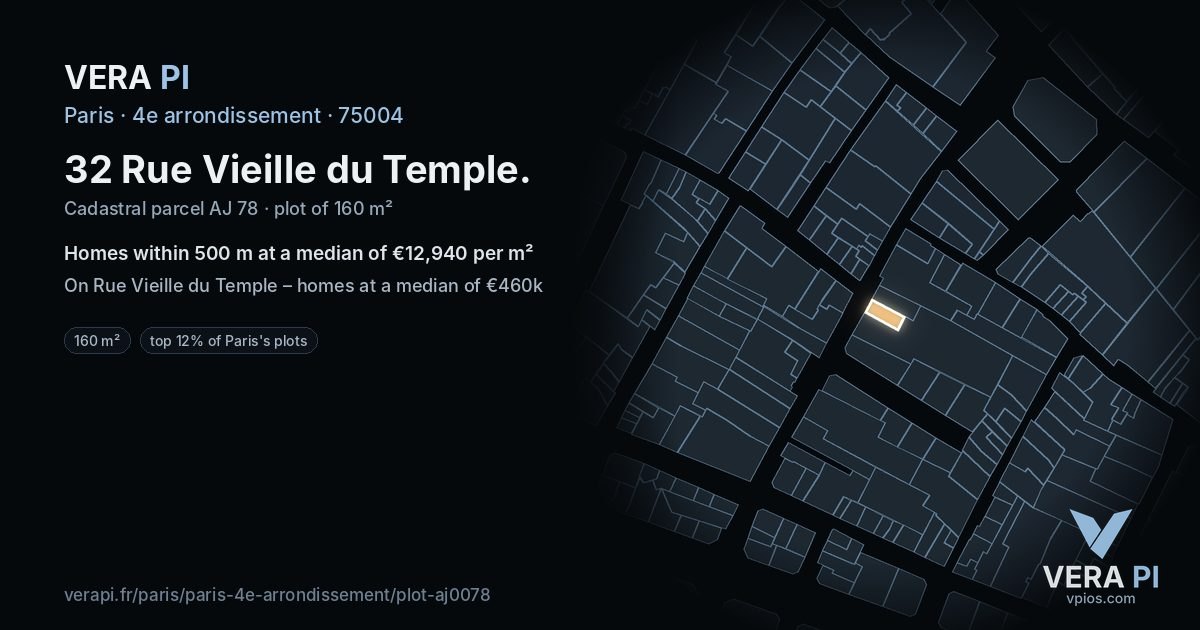 32 Rue Vieille du Temple, 4e arrondissement at night – the plot lit, the parcels around coloured by the prices near them