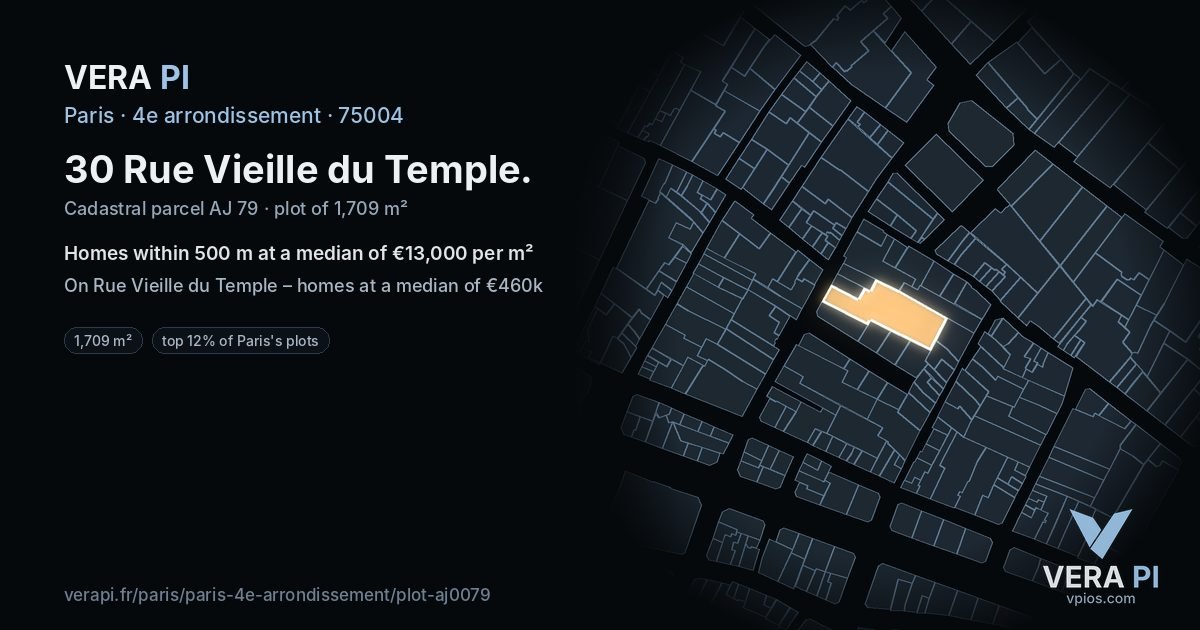 30 Rue Vieille du Temple, 4e arrondissement at night – the plot lit, the parcels around coloured by the prices near them