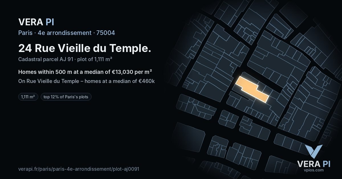 24 Rue Vieille du Temple, 4e arrondissement at night – the plot lit, the parcels around coloured by the prices near them