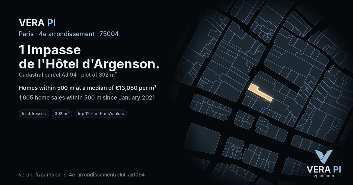 1 Impasse de l'Hôtel d'Argenson, 4e arrondissement at night – the plot lit, the parcels around coloured by the prices near them