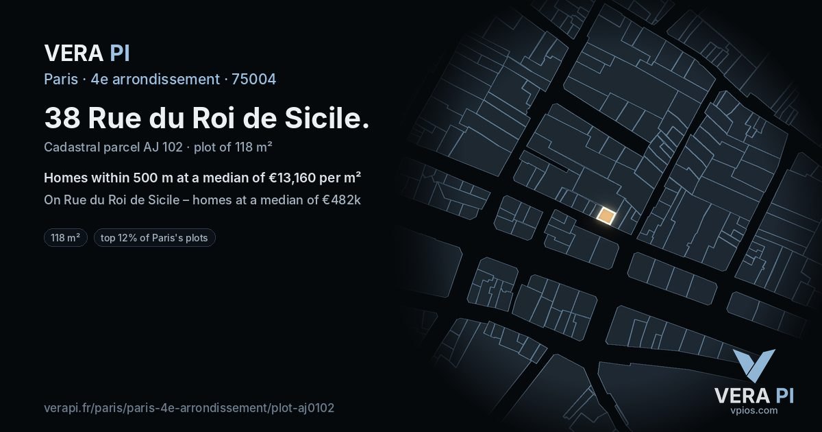 38 Rue du Roi de Sicile, 4e arrondissement at night – the plot lit, the parcels around coloured by the prices near them