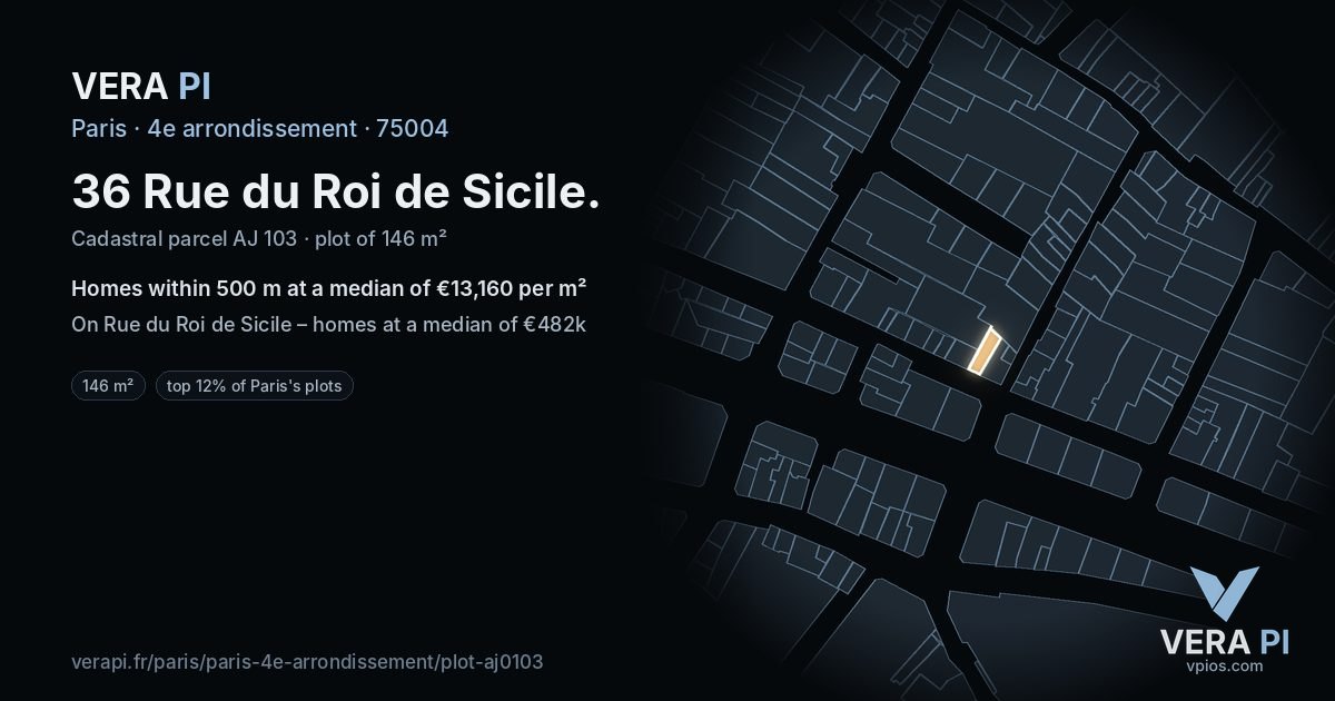 36 Rue du Roi de Sicile, 4e arrondissement at night – the plot lit, the parcels around coloured by the prices near them