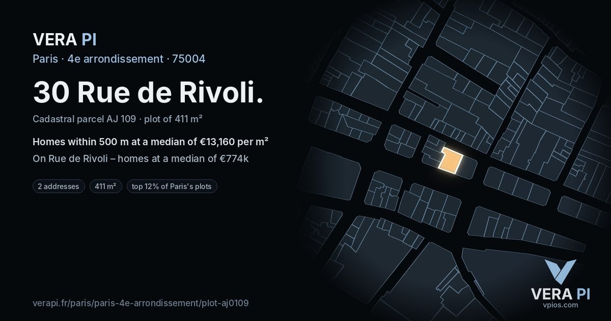 30 Rue de Rivoli, 4e arrondissement at night – the plot lit, the parcels around coloured by the prices near them