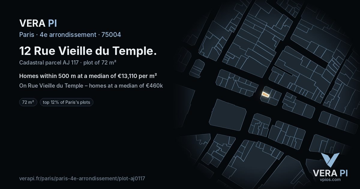 12 Rue Vieille du Temple, 4e arrondissement at night – the plot lit, the parcels around coloured by the prices near them