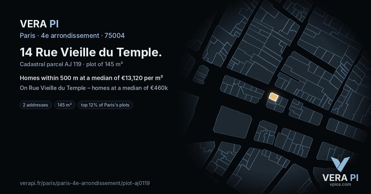 14 Rue Vieille du Temple, 4e arrondissement at night – the plot lit, the parcels around coloured by the prices near them