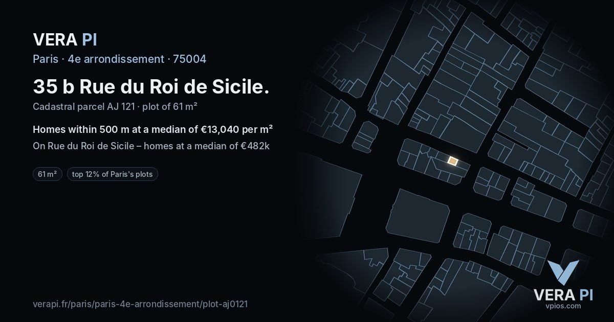 35 b Rue du Roi de Sicile, 4e arrondissement at night – the plot lit, the parcels around coloured by the prices near them