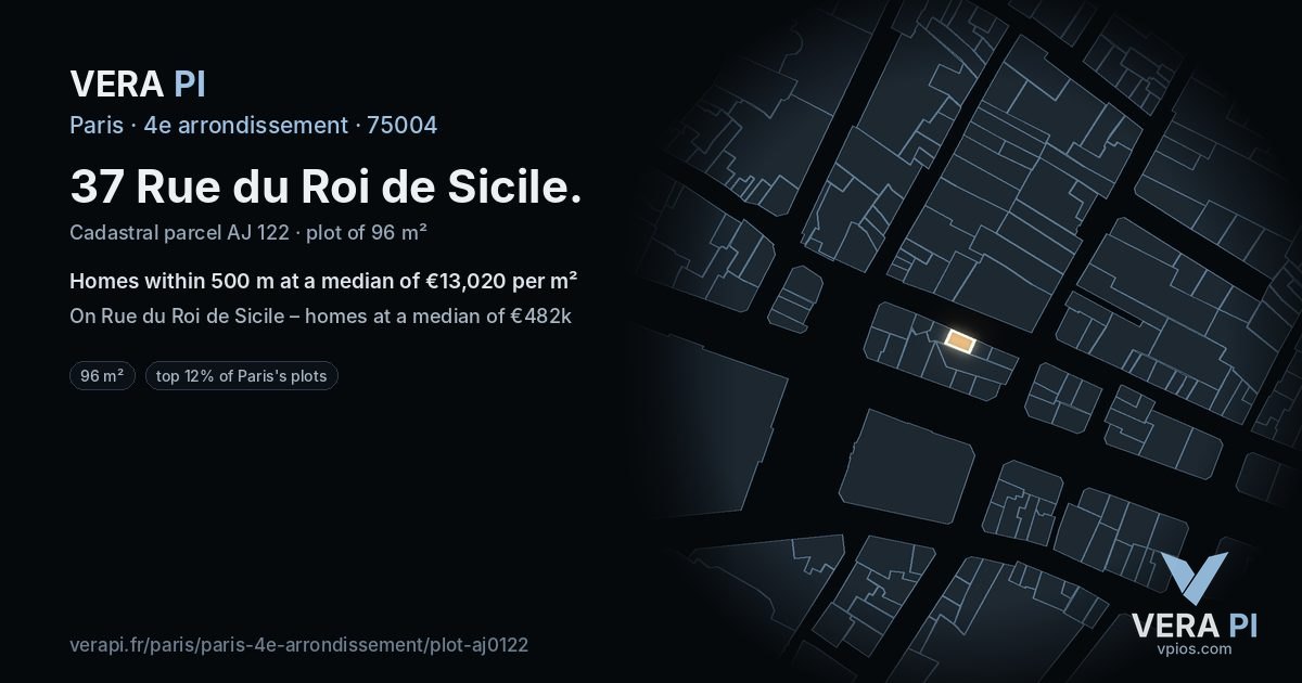 37 Rue du Roi de Sicile, 4e arrondissement at night – the plot lit, the parcels around coloured by the prices near them