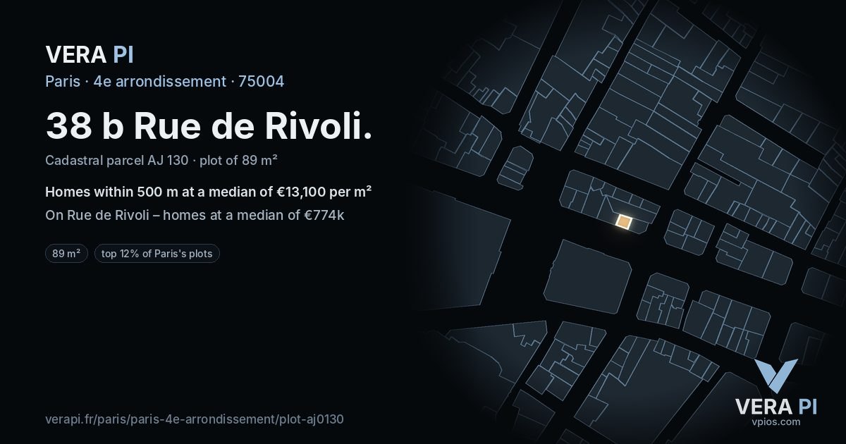 38 b Rue de Rivoli, 4e arrondissement at night – the plot lit, the parcels around coloured by the prices near them