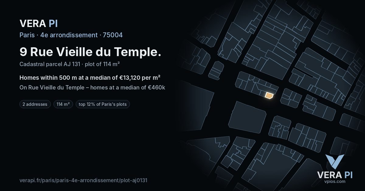 9 Rue Vieille du Temple, 4e arrondissement at night – the plot lit, the parcels around coloured by the prices near them