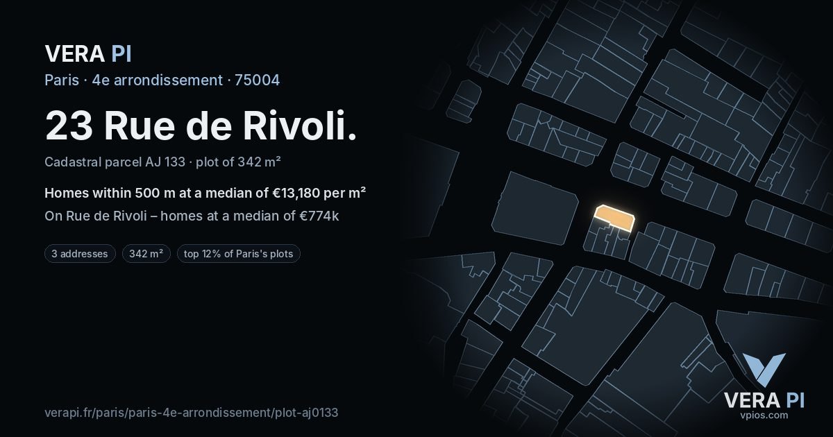 23 Rue de Rivoli, 4e arrondissement at night – the plot lit, the parcels around coloured by the prices near them