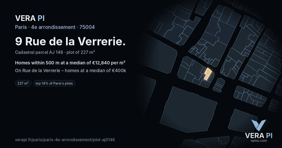 9 Rue de la Verrerie, 4e arrondissement at night – the plot lit, the parcels around coloured by the prices near them