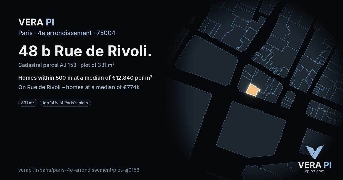 48 b Rue de Rivoli, 4e arrondissement at night – the plot lit, the parcels around coloured by the prices near them