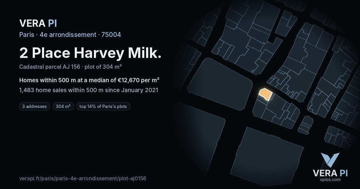 2 Place Harvey Milk, 4e arrondissement at night – the plot lit, the parcels around coloured by the prices near them