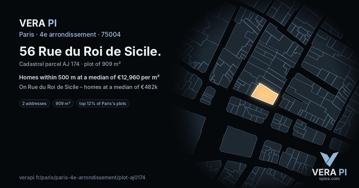 56 Rue du Roi de Sicile, 4e arrondissement at night – the plot lit, the parcels around coloured by the prices near them