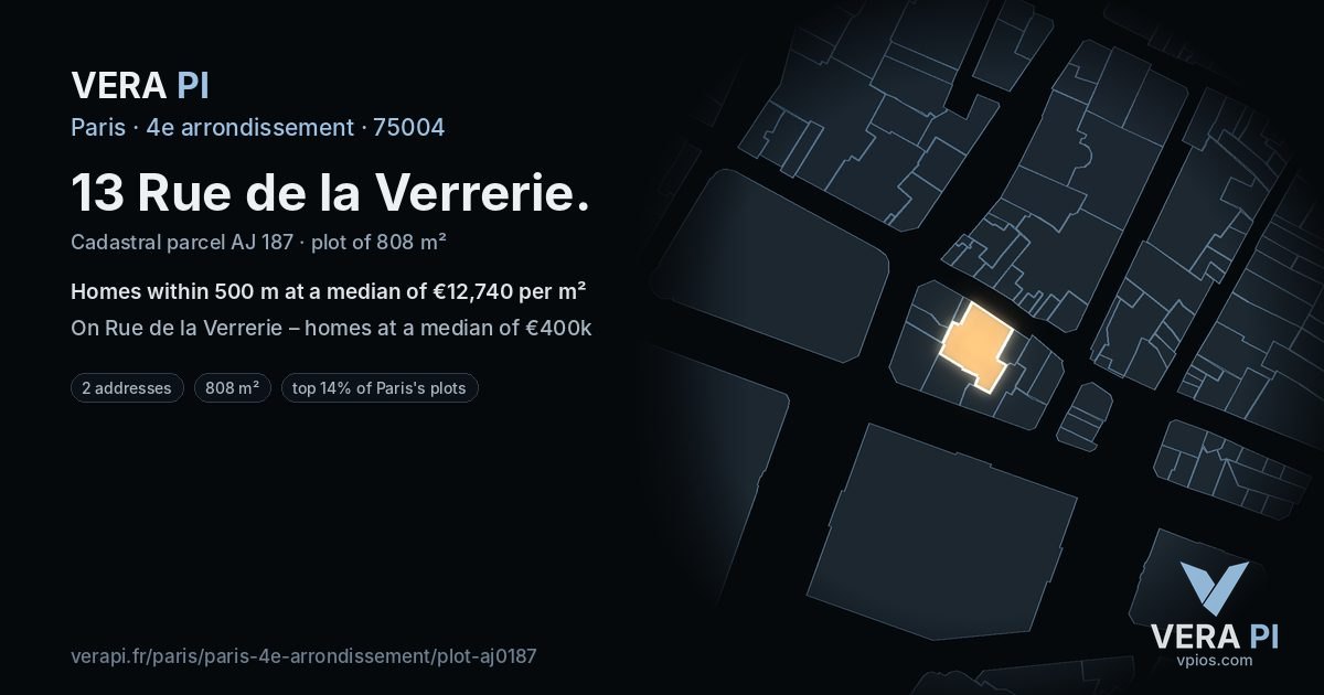 13 Rue de la Verrerie, 4e arrondissement at night – the plot lit, the parcels around coloured by the prices near them