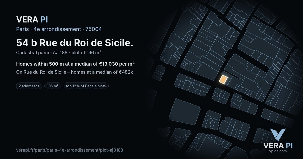 54 b Rue du Roi de Sicile, 4e arrondissement at night – the plot lit, the parcels around coloured by the prices near them