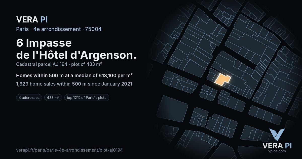 6 Impasse de l'Hôtel d'Argenson, 4e arrondissement at night – the plot lit, the parcels around coloured by the prices near them