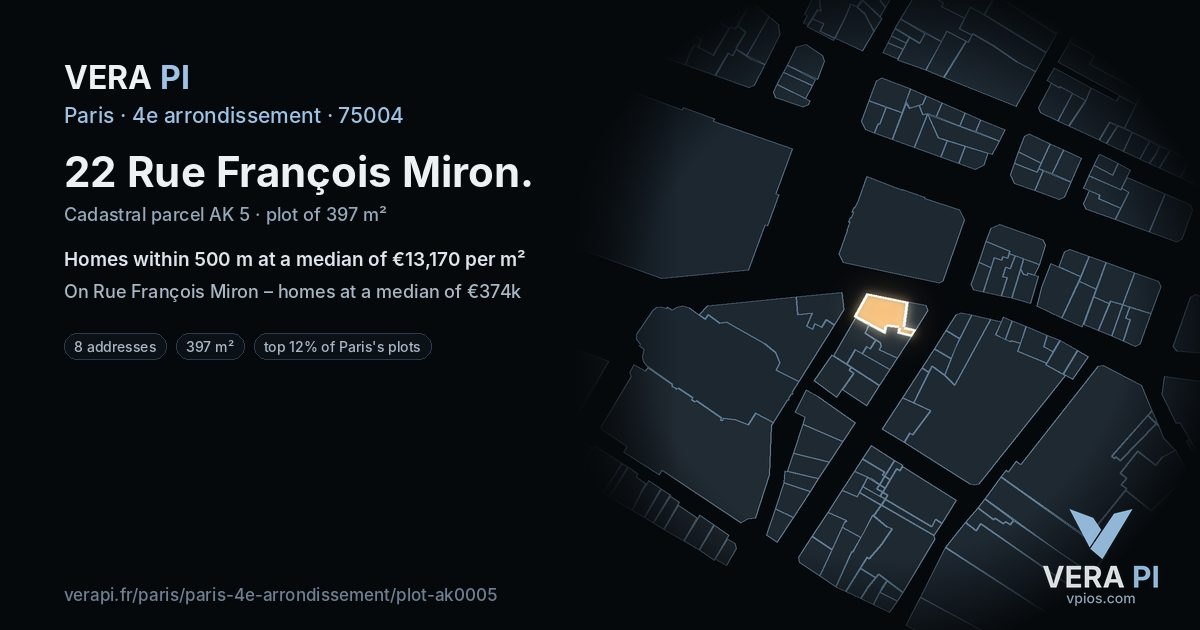22 Rue François Miron, 4e arrondissement at night – the plot lit, the parcels around coloured by the prices near them